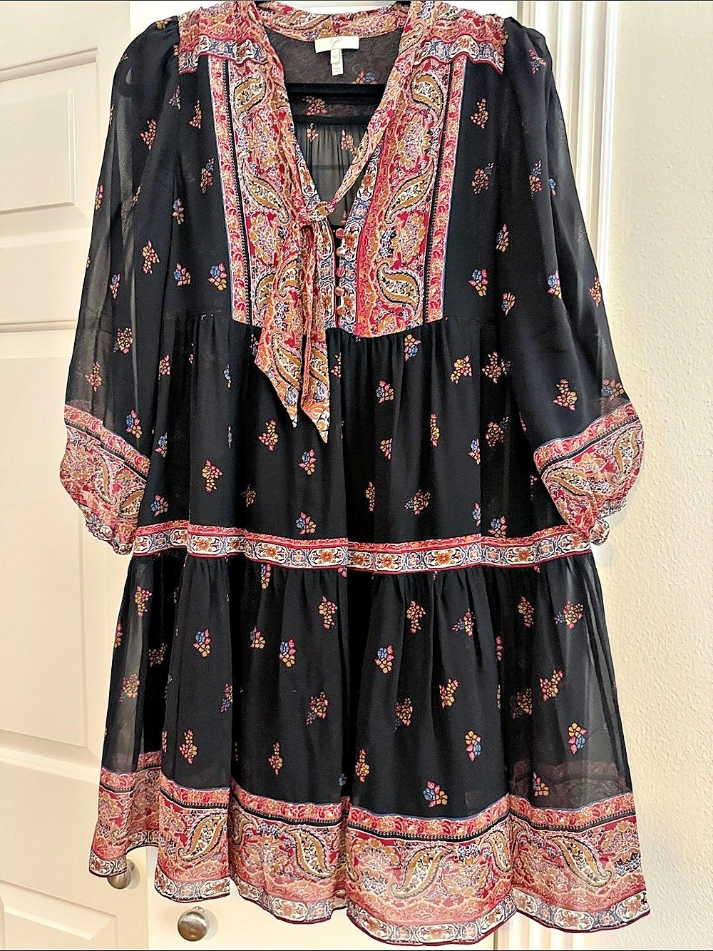 Joie sheer Paisley Mini Dress with slip in Black & Red Size XS